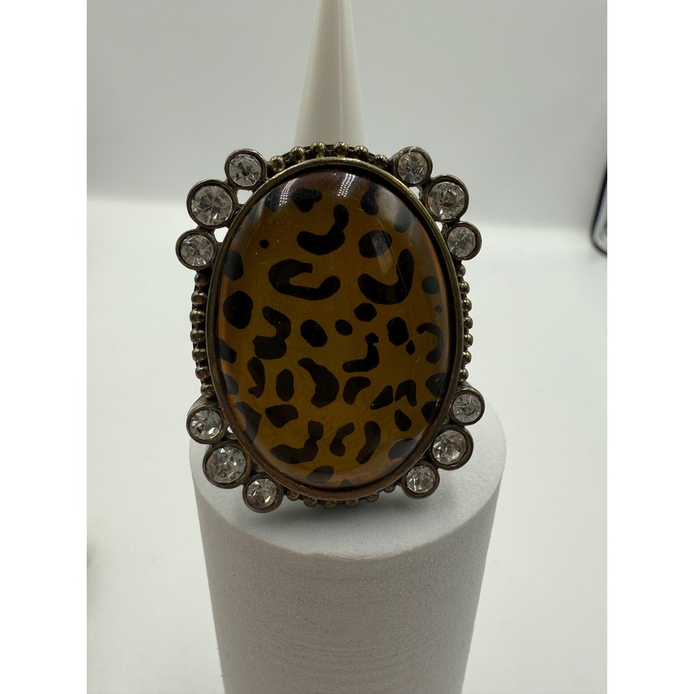 Leopard Print Statement Ring Bronze Tone Rhinestone Oval Cocktail Ring Sz 7.5